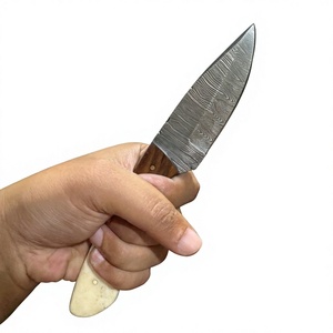 Couteau à lame fixe DIY en acier Damas, pointe tombante, bord droit, manche en bois Pakka bleu pour la chasse, le camping et la survie - Product Image 1