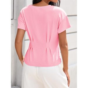 Haut plissé rose léger à manches courtes et col rond pour femme, style peplum, idéal pour l'été et la mode décontractée - Product Image 5