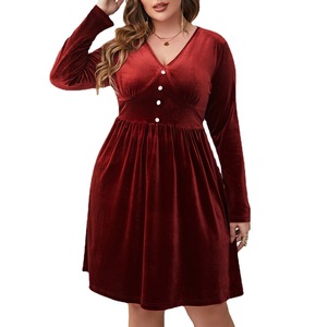 Taglie forti abito da donna di alta qualità <span class=keywords><strong>con</strong></span> scollo <span class=keywords><strong>a</strong></span> V rosso intenso abito dimagrante <span class=keywords><strong>a</strong></span> vita alta <span class=keywords><strong>a</strong></span> <span class=keywords><strong>maniche</strong></span> lunghe OEM - Product Image 1