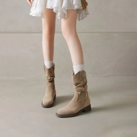 Bottes mi-mollet pour femmes, style décontracté coréen, en daim véritable doux, couleur caramel, talon plat, collection printemps