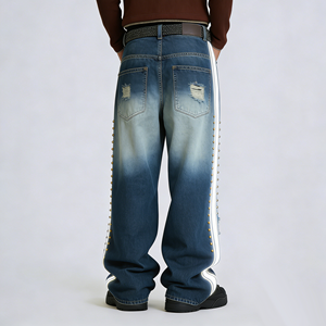 Pantalones <span class=keywords><strong>Vaqueros</strong></span> de Algodón <span class=keywords><strong>para</strong></span> <span class=keywords><strong>Hombre</strong></span> al por Mayor, Modernos, <span class=keywords><strong>con</strong></span> Rayas Blancas, Tachuelas, Rotos, Rectos, Lavados y Bordados, Suministro Directo de Fábrica - Product Image 3