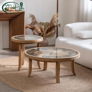 Vintage Style Coffee <b>Table</b> With Glass <b>Top</b> Solid <b>Wood</b> Round <b>Table</b> For Living Room Retro Design Small Size A2805 - Product Image 3
