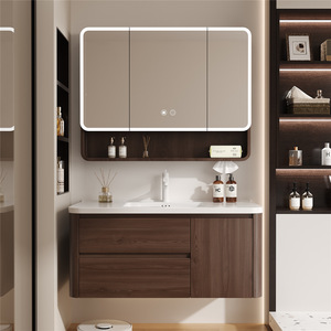 Mid ancient style walnut color curved combination drawer ceramic integrated basin bathroom cabinet - Product Image 1