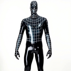 Combinaison intégrale en latex pour homme, cosplay <span class=keywords><strong>Spider</strong></span>, couvrance totale, épaisseur 0,4 mm, noir avec bordure argentée métallique, fermeture éclair dorsale 3 voies, capuche - Product Image 1