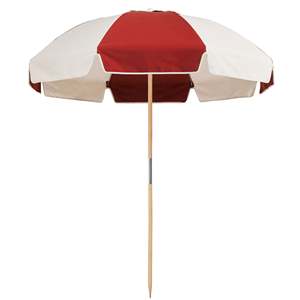 Grand parasol coupe-vent portable personnalisé de 210cm parasol de plage à bord festonné blanc français de jardin en bois vintage avec pompon - Product Image 1