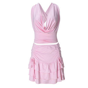 Nouvel ensemble jupe et haut d'été 2026 pour femme – Haut court à bretelles et col ajouré, jupe longue extensible à volants – Ensemble deux pièces pour femme - Product Image 6