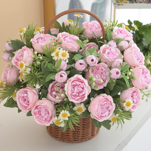Marché de Yiwu Futian 7 têtes Rose vert feuilles pas cher <span class=keywords><strong>prix</strong></span> soie artificielle style campagnard fleurs intérieur Table mariages nouvel an - Product Image 4