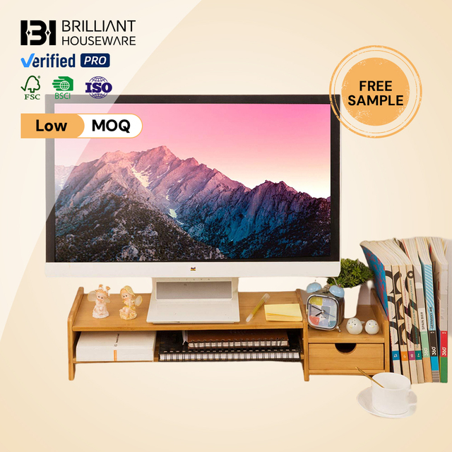 BH Foldable Space Saving Bamboo Monitor Stand Riser for Dual Screen Setup Computer Desk Organizer and Pen Holder
