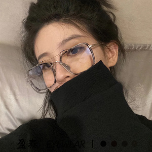 New Retro Double Bridge Anti Blue Light Glasses Silver Square Frame Full Framework Plastic Metal <b>PC</b> Lens Plano Lenses Korean - Product Image 1