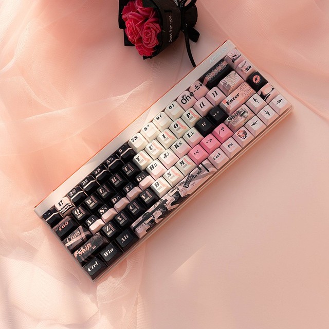 Custom PBT Dye Sublimation Keycaps Set Black Pink Romantic Rose Theme Mechanical Keyboard Keycaps