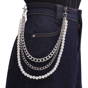 Cadena de cintura de perlas de doble capa de metal, cadena de perlas de imitación plateadas y blancas, cadena corporal informal de moda, accesorio retro moderno de estilo hip hop - Product Image 1