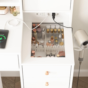 <span class=keywords><strong>Commode</strong></span> <span class=keywords><strong>contemporaine</strong></span> en panneaux de particules blancs avec miroir LED réglable et tabouret – Meuble de chambre durable et écologique pour usage hôtelier - Product Image 4