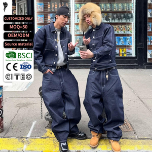 Factory Streetwear Baggy Jeans Suit Manufacturer Custom Solid 100% Cotton Denim <b>Set</b> for Men - Product Image 1