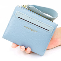 Dompet Wanita Lipat Dua Kulit PU Pendek Dengan Tali Pergelangan Tangan, Kantong Koin Resleting, Banyak Slot Kartu, Dompet Kecil Wanita, Logo Custom