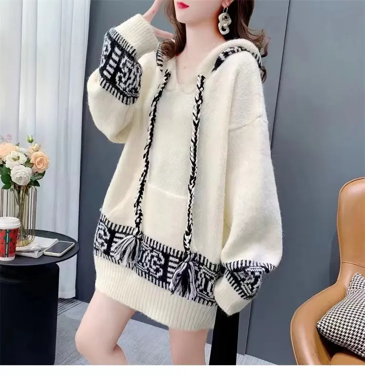 2023 autumn and winter new loose retro national style knitted cardigan sweater knitted sweater hooded women's sweater