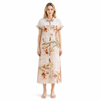 Robe longue florale pour femme à manches courtes, col boutonné, œillets, style resort, vente en gros, personnalisation OEM