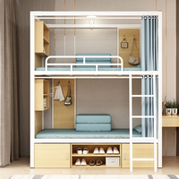 Lit superposé moderne en acier durable avec rideau, rangements et étagères pour dortoirs, appartements et auberges de jeunesse