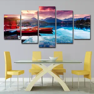 Tatil doğal manzara mavi göl kırmızı tekne HD Modern sahne resim baskılı sanat boyama yaşam için oda duvar dekorasyonu