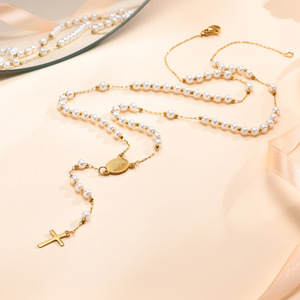 สร้อยคอยาวประดับไข่มุกและไม้กางเขนพระแม่มารี สแตนเลสสตีล ขายดี ดีไซน์เรียบหรู กันน้ำ ชุบทอง 18k - Product Image 1