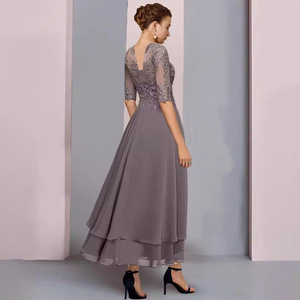 Robe de soirée en mousseline de soie, coupe trapèze, col rond, dentelle, ourlet asymétrique haut-bas, pour fêtes, banquets, bals de promo, réunions, cérémonies pour adultes - Product Image 3