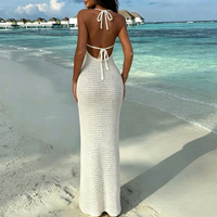 Robe longue moulante en maille et mousseline, style vacances à la plage, dos nu, texture ajourée, sexy, coupe ajustée pour femme, idéale comme cache-maillot de bain