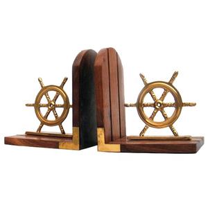 Sujetalibros con ruedas náuticas Material de latón y madera Organizador de escritorio Sujetalibros náuticos personalizados a bajo precio hechos en la India - Product Image 1