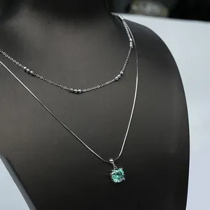 Màu xanh lá cây moissanite kim cương 925 Sterling bạc hai lớp choker mặt dây chuyền vòng cổ với Chuỗi liên kết hình dạng phong cách Quà tặng đám cưới
