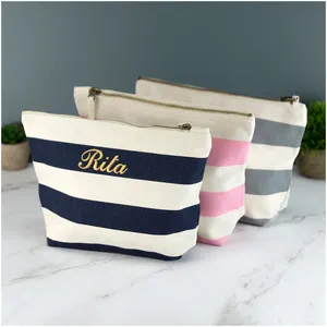 Personalised Embroidered Stripes Stitching Nautical Canvas Travel Case Pouch Makeup Bag