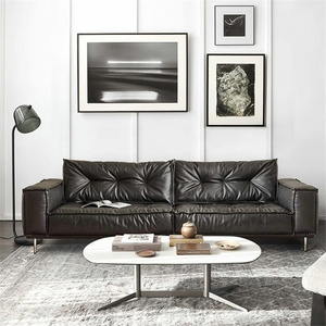 Ensemble de canapés sectionnels en <span class=keywords><strong>cuir</strong></span> <span class=keywords><strong>noir</strong></span> pur de style américain minimaliste, luxe léger, <span class=keywords><strong>canapé</strong></span> 3 places, rétro, rangée droite, canapés de salon - Product Image 2