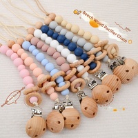 Vente en gros de clips de sucette en silicone avec perles en bois de hêtre, sans BPA, étuis porte-sucette pour bébés