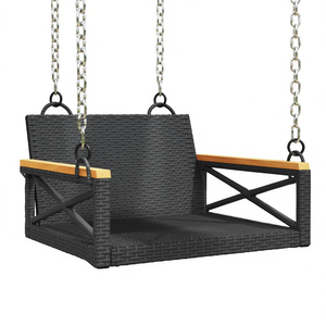 Banco Columpio de Madera Maciza de Acacia con Ratán Negro y Estructura de Acero con Recubrimiento en Polvo, Mueble de Exterior para Patio, 2 Plazas, Diseño Contemporáneo - Product Image 1