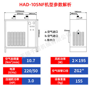 เครื่องทำลมแห้งแบบกล่อง Han Yue HAD-10SNF 380V 12KW อุปกรณ์ลมอัดประหยัดพลังงาน - Product Image 5