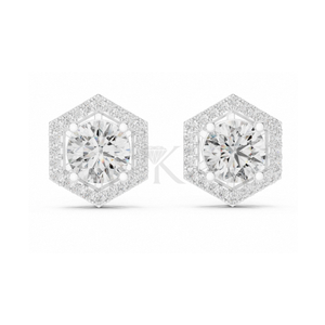 Boucles d'oreilles hexagonales inspirées de l'Art Déco avec halo de diamants ronds, dotées de fermoirs à vis sécurisés, bijoux fins élégants et minimalistes, parfaits - Product Image 3