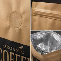 Sachet de café personnalisé en papier kraft naturel, anti-odeur, avec valve et fermeture éclair, 250g 12oz, pour l'emballage de grains de café bio torréfiés de spécialité