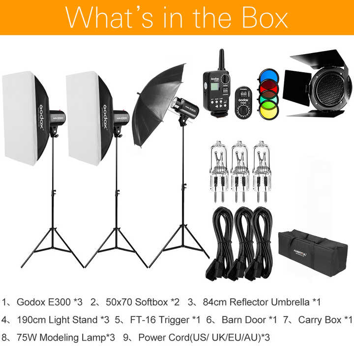 3 x Godox E300 Studioフラッシュライト900Wキット、スタンドとバッグ 