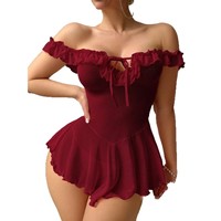 Pyjama Yicheng pour femme, séduisant et sexy, en dentelle brodée, tenue de boudoir transparente en maille, rouge, à bretelles, style « Virgin Killer », manches longues