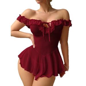 Pijama de encaje seductor para mujer Yicheng, conjunto de lencería transparente de malla con tirantes rojos, manga larga, estilo <span class=keywords><strong>Virgin</strong></span> <span class=keywords><strong>Killer</strong></span> - Product Image 5