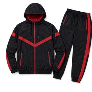 Ensemble de survêtement pour homme, sweat à capuche léger à fermeture éclair noir et rouge imprimé, avec pantalon de jogging, vêtements de sport - Product Image 6