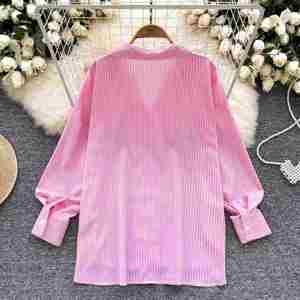 Blusas casuales de manga larga con cuello vuelto ancho para mujer, camisas a rayas tejidas con cuentas, tops transpirables antiarrugas al por mayor - Product Image 4