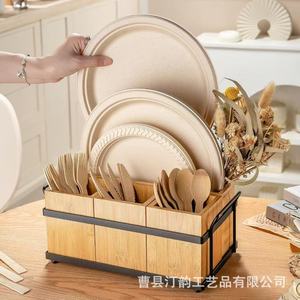 Nueva caja de almacenamiento de platos de madera para mesa de comedor y cocina, dispensador de platos de papel, caja para cuchillos y tenedores. - Product Image 1