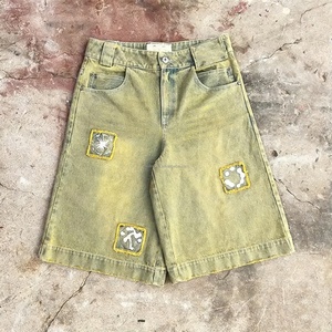 Distressing <b>Patch</b> Yellow Washed Denim Jorts Fit Baggy Jean <b>Shorts</b> With Pocket Custom Jean <b>Shorts</b> <b>Men</b> - Product Image 1