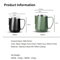 Pichet à lait en acier inoxydable OEM 400ml/600ml, durable, avec revêtement antiadhésif, aiguille à latte art en option pour barista