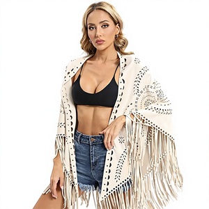 <b>Women's</b> <b>Cream</b> Fringe Shawl Long Cotton Bohemian <b>Scarf</b> Lightweight Summer Daily Wear - Product Image 1