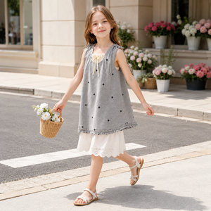 <span class=keywords><strong>Robe</strong></span> d'été décontractée pour fillettes, en coton mélangé, à carreaux, avec dentelle ajourée, sans manches, style boutique - Product Image 4