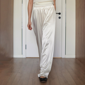 Lazy Style Basic Solid Color Elastic Drawstring <b>Tie</b> Silk Satin Casual Pants Home Wear Draped Versatile Straight Leg Long Pants - Product Image 3