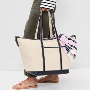 กระเป๋าโท้ทผ้าแคนวาสแต่งหนังสำหรับผู้หญิง ปักโลโก้ตามสั่ง ขนาดใหญ่ ทนทาน สายสะพายไหล่ผ้าฝ้าย ปิดซิป เหมาะสำหรับฤดูใบไม้ร่วงและฤดูหนาว - Product Image 5