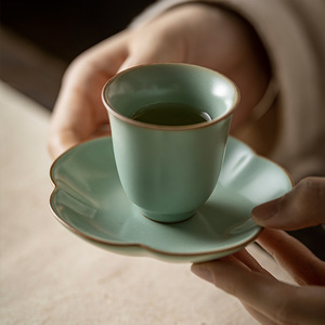 Ru Porcelain <b>Teacup</b> With Saucer Set Ceramic Kung Fu Tea Cup Holder Irregular Shape New Chinese Style Afternoon Tea Accessory - Product Image 1