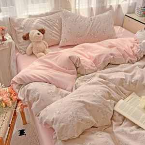 Automne hiver Nantong Home Textile quatre pièces ensemble de literie motif géométrique unique housse de couette fleur impression Polyester sac - Product Image 3