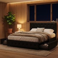 GREEN NATURE Lit plateforme King Size moderne avec rangement, tête de lit capitonnée en cuir à motifs losanges, réglable, robuste en bois/métal