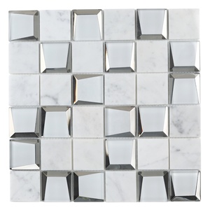 Mosaico de Piedra Natural de Mármol Carrara <span class=keywords><strong>Blanco</strong></span> Mixto con Espejo Biselado Cuadrado 3D para Baño y Cocina - Product Image 4
